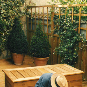 Cour paysagée : terrasse bois, meubles bois, claustras et végétaux